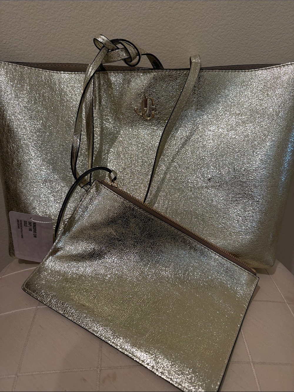 Jimmy Choo distressed Metallic gold  Tote Bag with Logo - & dustbag